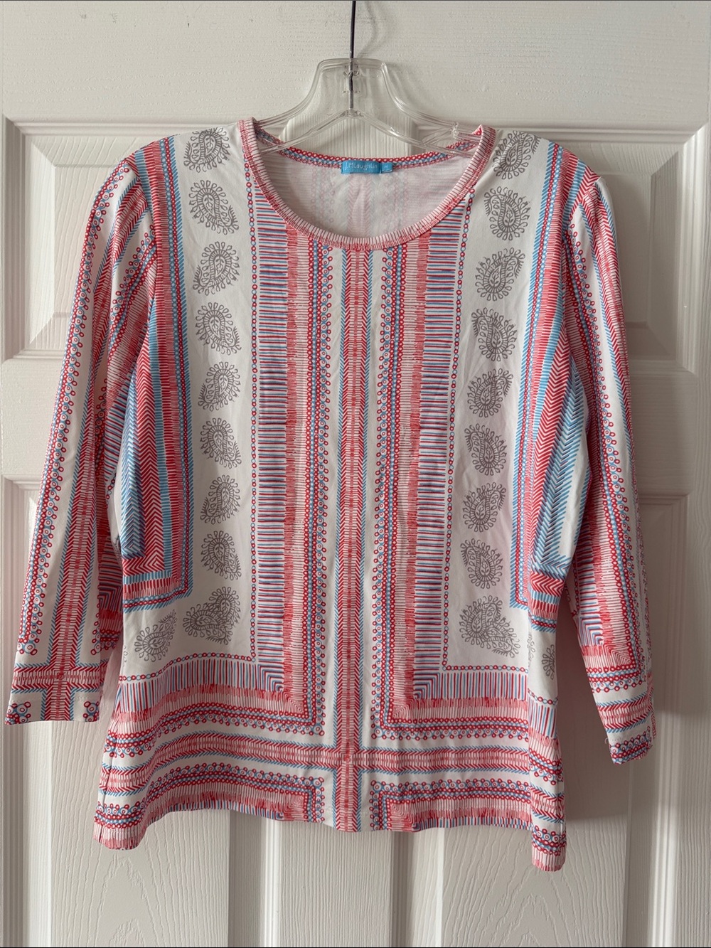 J. McLaughlin White Top with Red and Blue Geometric Print